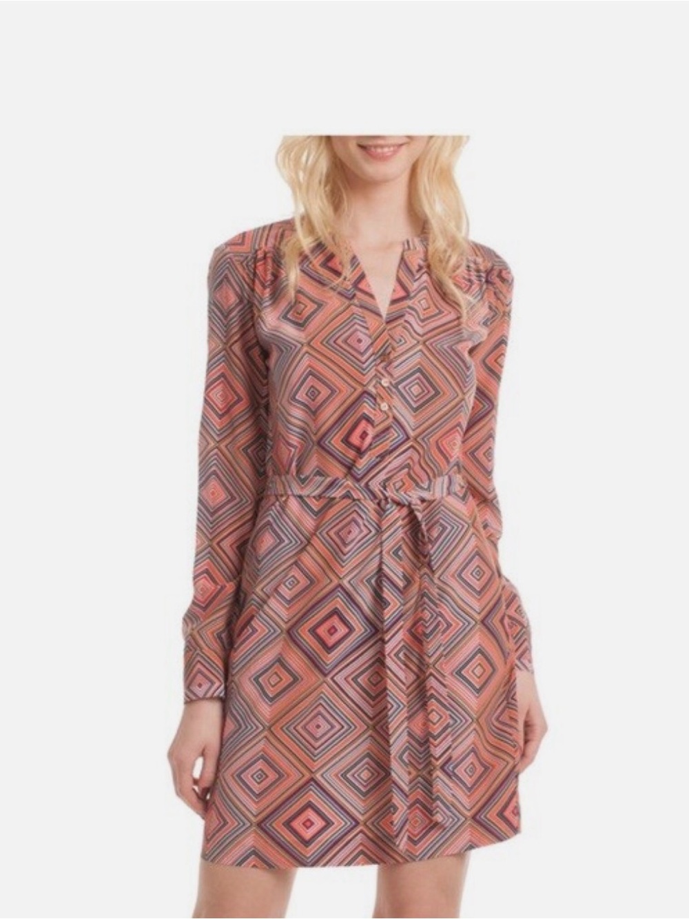 Trina Turk Coral and Pink Geometric Long-Sleeve Tie-Waist Dress Size 6